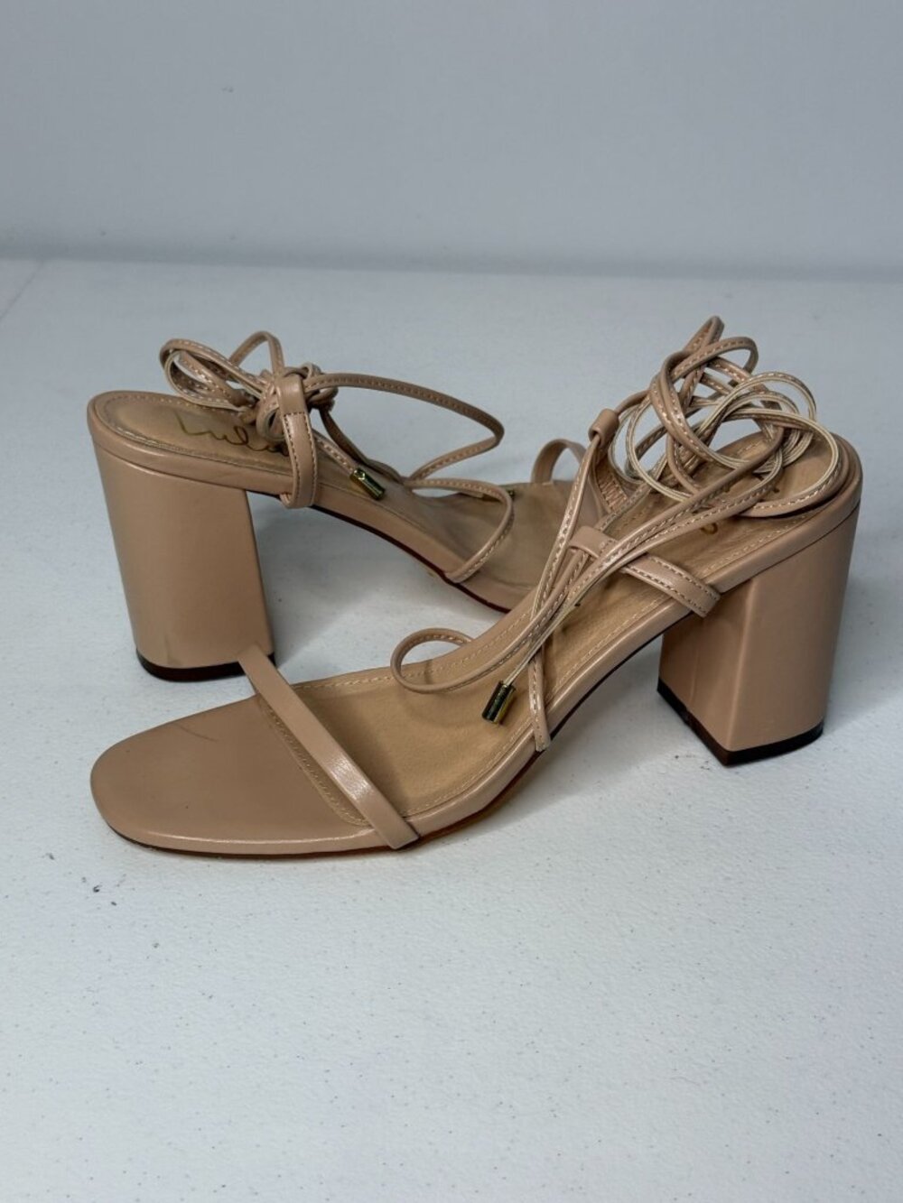 Lulus Womens 8 Nude Lace Up Strappy Block Heel Sandals Square Toe Y2K Minimalist
